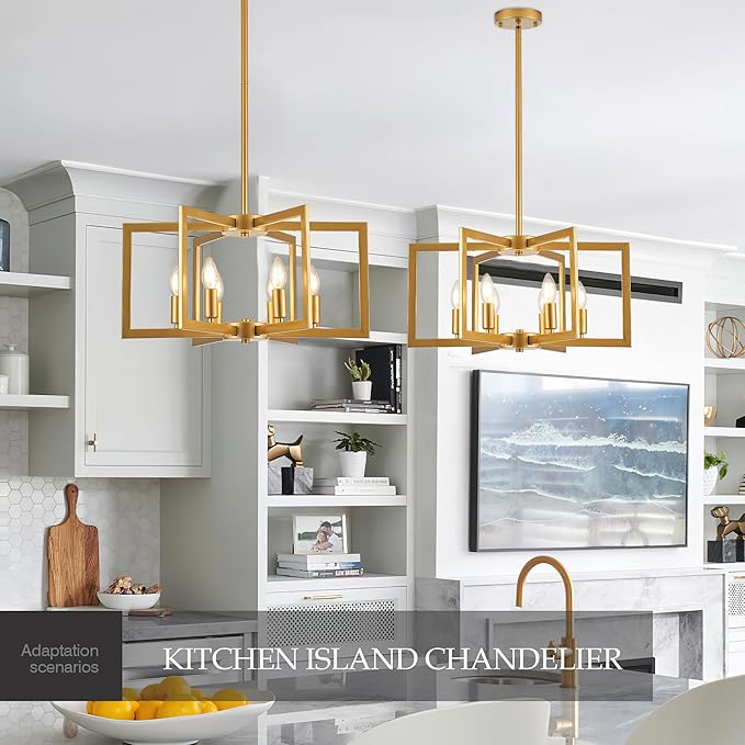 Modern Farmhouse Gold Chandeliers for Dining Room, 6-Light Industrial Metal Chandeliers Geometric Pendant Lights Kitchen Island for Entryway Stairway Foyer Hallway