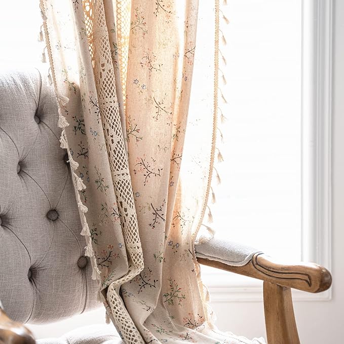 Sutuo Home Boho Curtain Semi-Blackout Crochet Hollow Lace Patchwork with Floral Print Cotton Linen Fabric, Handmade Tassels Rod Pocket Bohemian Window Drapes for Living Bedroom, 59"W x 63"L, 1 Panel