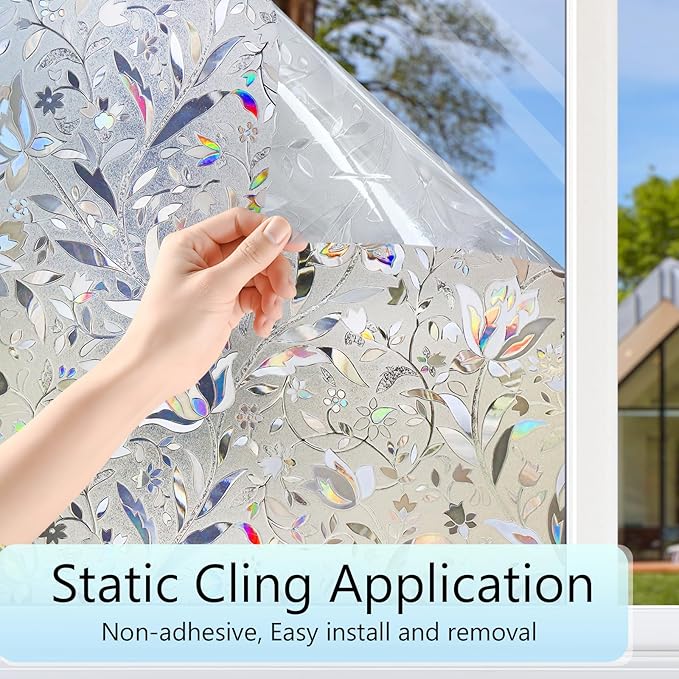 HIDBEA Window Privacy Film, 3D Stained Glass Static Cling - Sun Blocking Anti-UV Heat Control, Reusable Decorative Film for Home/Office Doors, Rainbow Tulip Design (17.5 in x 78.7 in)