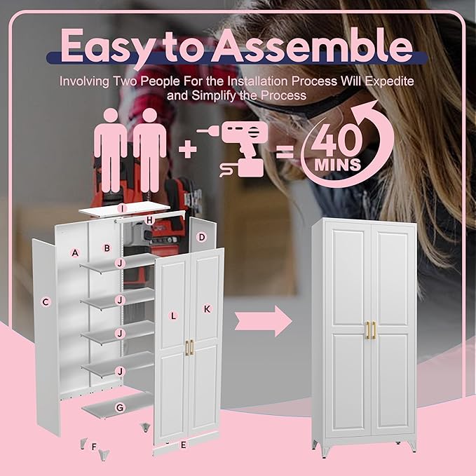 75" Storage Cabinet, Metal Pantry Cabinet, Kitchen Pantry Storage Cabinets with Doors and 4 Shelves, Cabinets for Laundry Room, Living Room, Dinning Room, Assembly Required, White