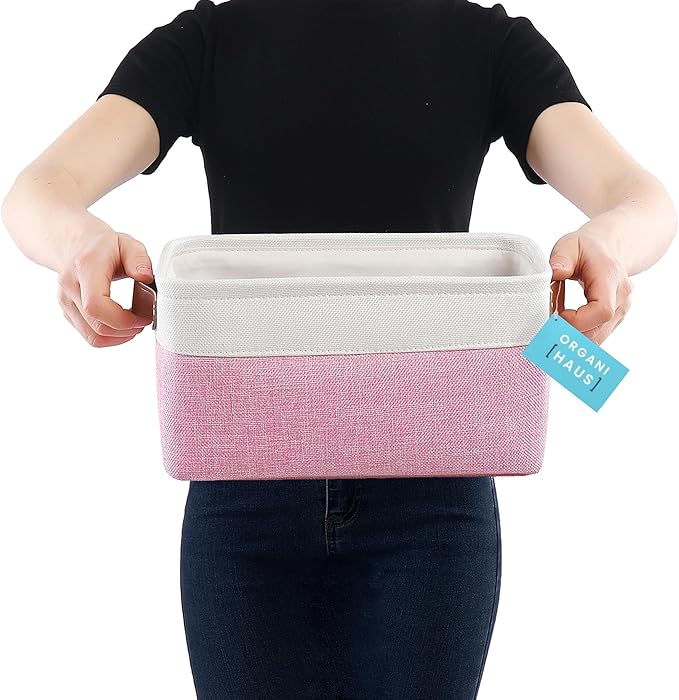 OrganiHaus Small Fabric Storage Baskets for Shelves 6 Pack, 12x8in Closet Storage Bins for Shelves, Cloth Baskets for Organizing, Linen Closet Organizers, Fabric Basket, Pink/White