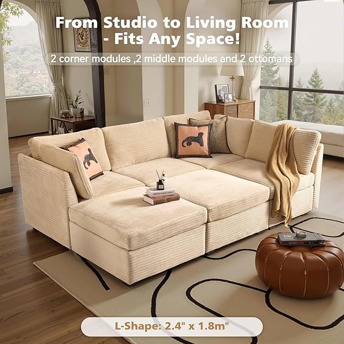 Modular Sectional Sofa, 130.7 Inch U Shaped Couch Set for Living Room, 4-Seater Comfy Cloud Couches with Two Movable Ottoman, DIY Combination, Plush Corduroy, Beige