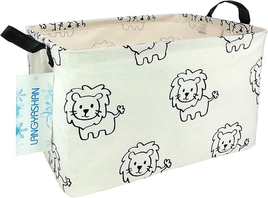 LANGYASHAN Rectangular Storage Bin Collapse Canvas Fabric Cartoon Storage Basket with Handles for Organizing Home Kitchen Boys and Girls Toys Office Closet Shelf Baskets (Rec lion)