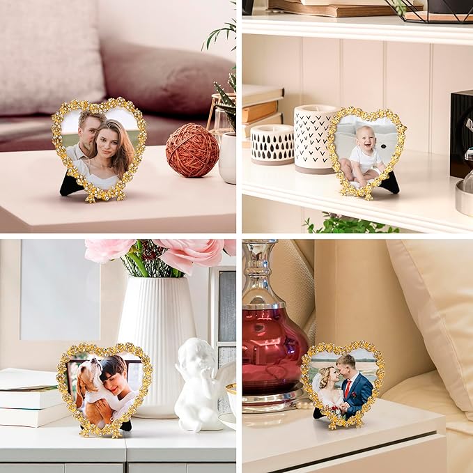 Heart Shaped Wedding Picture Frames for Couple - Beaded Crystal 4x4 Picture Frame – Engagement Gift, Wedding Gift for newlyweds - Fits 3.5x3.5 photo - Valentine Picture Frame (Golden)