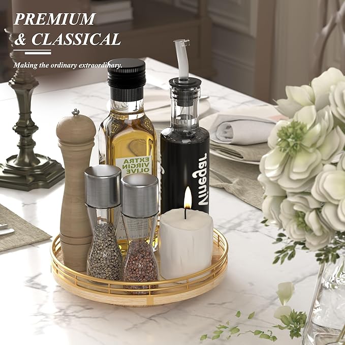 Farmhouse Oak 9" Lazy Susan Turntable Organizer for Cabinet, Round Wooden Lazy Susan Organization and Storage for Dining Table, Pantry, Kitchen, Countertop, Cupboard,Home Decor