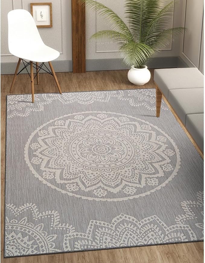 CAMILSON Outdoor Rug 10x14 Modern Area Rugs for Large Indoor and Outdoor Patios and Porches - Waterproof Washable Non-Shedding Easy-to-Clean Outside Carpet (10 x 14, Medallion - Grey/White)