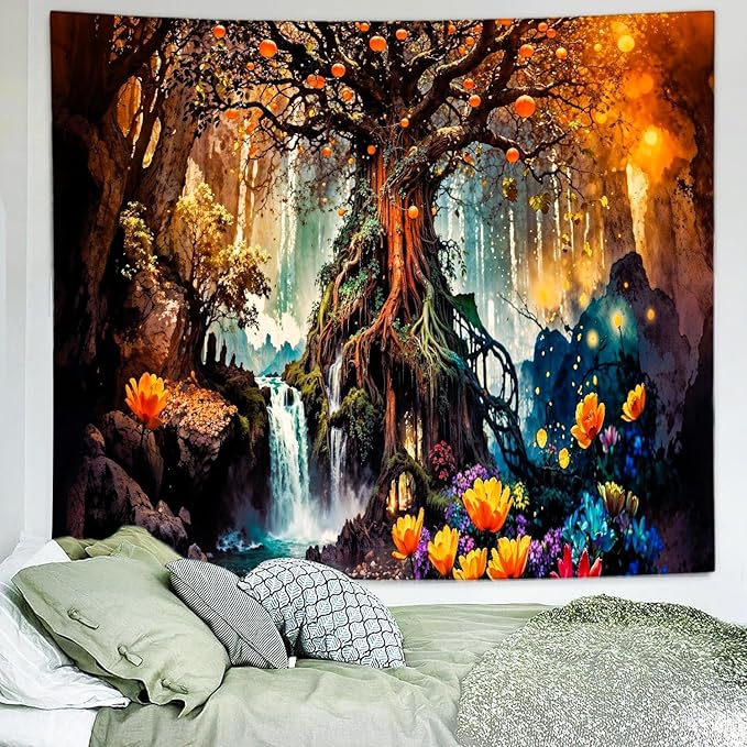 Delur Magical Forest Tapestry Fantasy Tree of Life Fairy Tale Enchanted Mystical Forest Tapestry Psychedelic Nature Landscape Wall Hanging Headboard for Bedroom Living Room Home Decor (59.1" x 78.7")