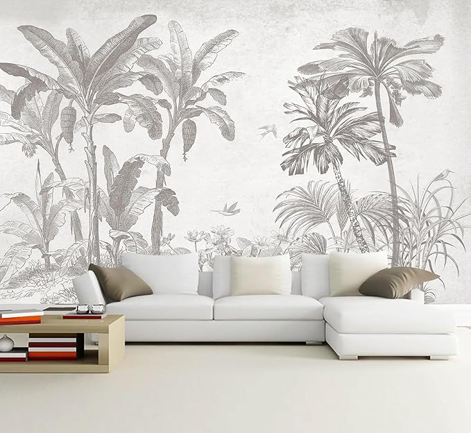 Gray Jungle Landscape Wallpaper Mural Tropical Banana Leaf Wall Mural (Not Peel and Stick)