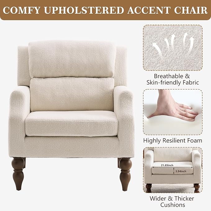 Kidol & Shellder White Oversized Accent Chair for Living Room Mid Century Modern Reading Chair with Back Wide Upholstered Comfy Single Sofa Chair for Bedroom Lounge Side Corner Chair Fabric Armchair