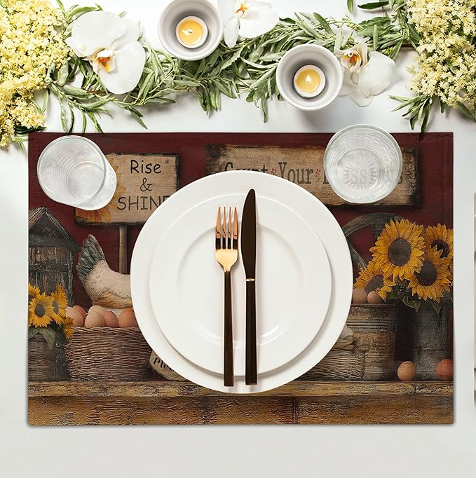Farmhouse Rooster Placemats Set of 4 Farm Animal Chicken Place Mats 12x18 Inch Vintage Rustic Country Linen Table Mat Washable Non-Slip Placemat for Party Kitchen Dining Decor