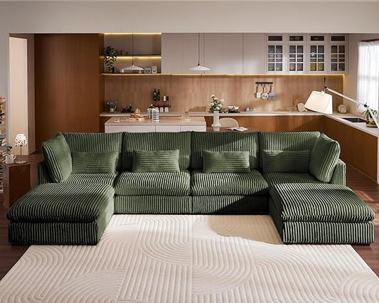 Oversized Modular Sofa, Extra Deep Cloud Corduroy Sectional Couch with Ottoman Chaise, Fluffy Chenille 6 Seat U-Shaped Sofa for Living Room, Villa (U Shape 6 Seater, Corduroy Green)