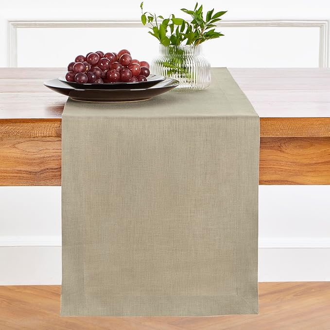Solino Home Linen Table Runner 60 Inches - 100% Pure Linen Vintage Khaki Table Runner 14 x 60 Inch Ideal for Dresser and Coffee Tables - Fall, Autumn, Thanksgiving - Fete