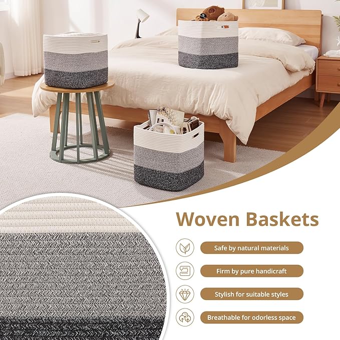 OIAHOMY 13 Kallax Inch Cube Storage Bins, 3-Pack Cotton Rope Woven Baskets for Organizing, Kallax Insert Storage Baskets for Shelves, Baby Nursery, Closet Organizer, 13*13*12.6IN, Gradient Gray