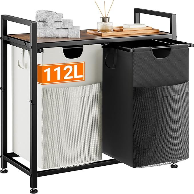Lulive Double Laundry Hamper, Multifunctional Basket Organizer, 112L Laundry Sorter with Removable Bags and Fabric Handles, Large Top Shelf Laundry Bag for Bathroom, Dorm, Laundry Room