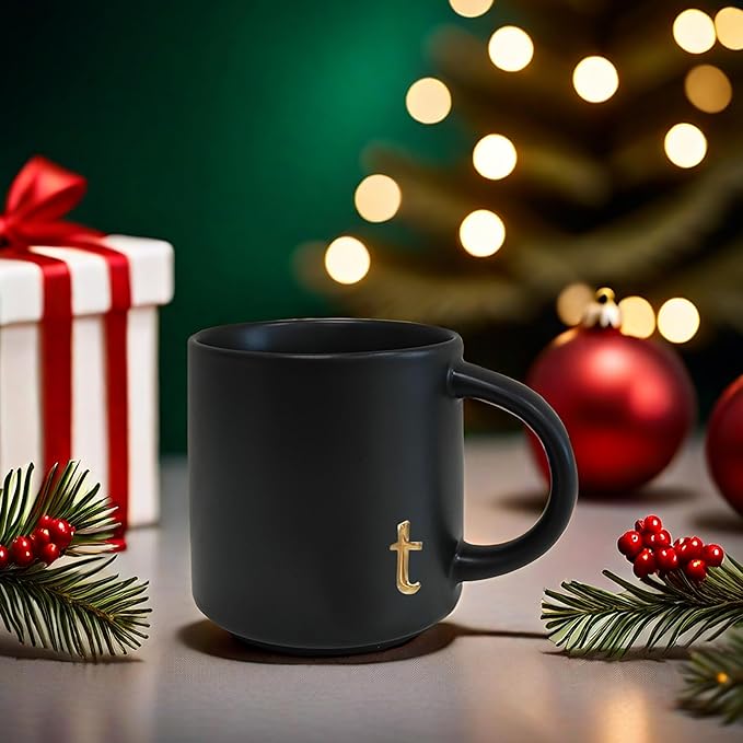 COLLECTIVE HOME - Black Monogram Ceramic Mugs, 15 oz Golden Initial Coffee Cups, Elegant Alphabet Tea Mugs, Personalized Halloween Mug with Gift Box, Perfect for Office and Home Décor (t)