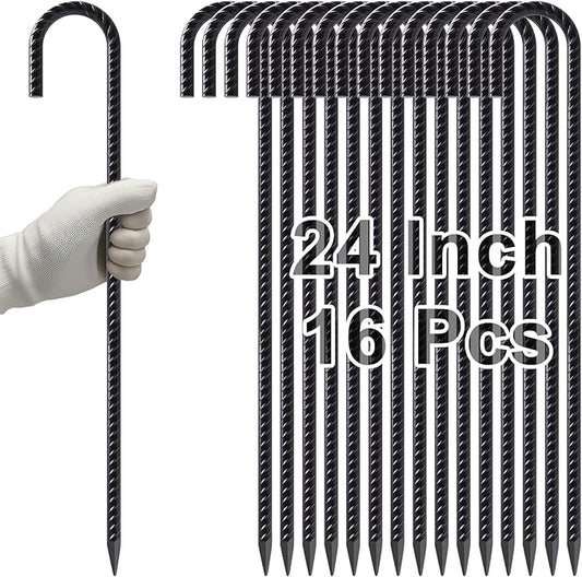 VVOKGO Rebar Stakes 24 Inch J Hook Heavy Duty Ground Anchors (16pcs), 3/8 Inch Diameter Metal Steel Extra Long Fence Stakes with Chisel Point End for Greenhouse, Gazebo, Carport, Camping Tents, Black