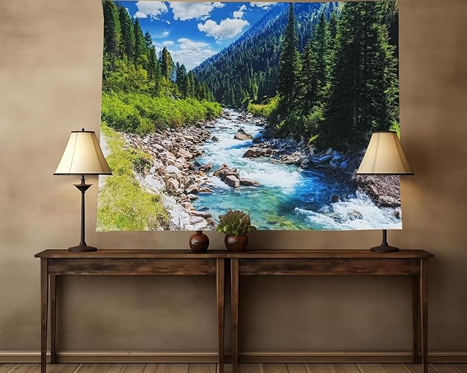 Nature Forest Mountain Tapestry Green Pine Tree Stream Tapestry White Clouds Flowing River Valley Landscape Scenery Tapestries Wall Hanging for Bedroom Dorm Living Room Office Classroom 60 x 40 Inch
