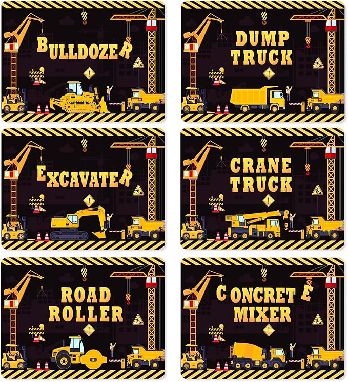 Construction Placemats Set of 6 Toddler Plastic Table Mats Dump Truck Place Mats Washable Vinyl Nursery Homeschool Table Decoration for Indoor Outdoor Party Kitchen Dining