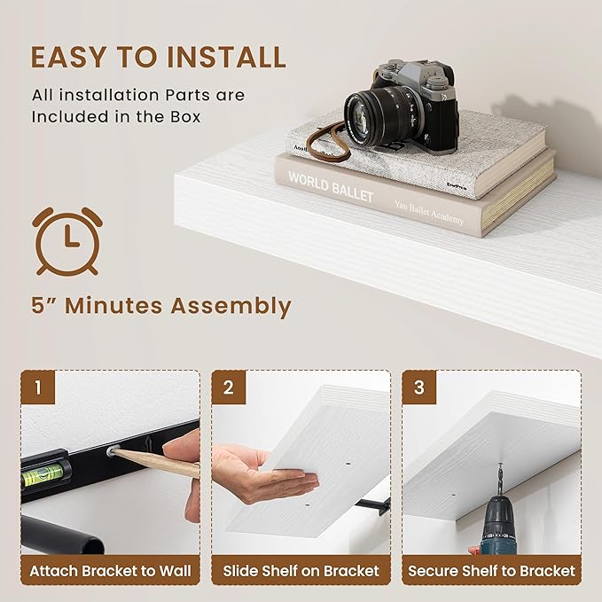 fuqing Floating Shelves for Wall, Bathroom Shelf Wall Mounted for Storage, Shelves with Invisible Bracket for Bedroom, Kitchen, Living Room, Farmhouse Small Book Shelf, 36 Inch Set of 2, White