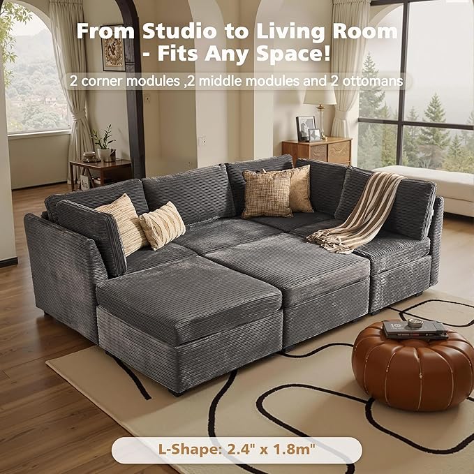 Modular Sectional Sofa, 130.7 Inch U Shaped Couch Set for Living Room, 4-Seater Comfy Cloud Couches with Two Movable Ottoman, Plush Corduroy, Gray