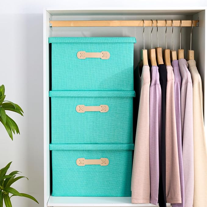Enzk&Unity Decorative Storage Bins with Lids, Fabric Linen Foldable Storage Box with Handle Home Organizer for Shelf, Closet, Bedroom, Living Room, Office, 3 Packs, Teal
