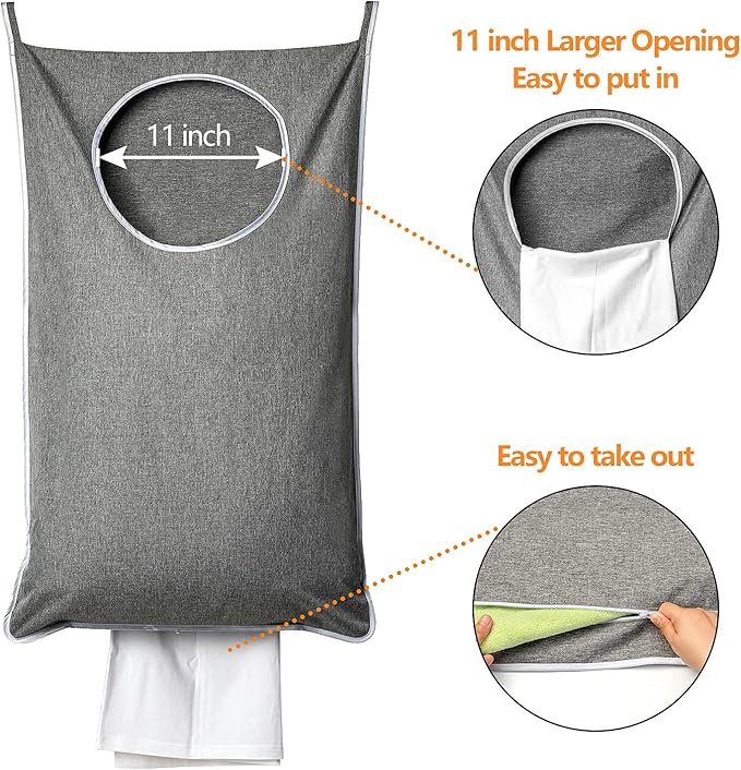 XL Hanging Laundry Hamper, Extra Large Tear-resistance Door Hamper with 2 Types Hooks for Dirty Clothes, Save Bathroom Space Hanging Laundry Bag (36.5x 22 Inch,Grey)