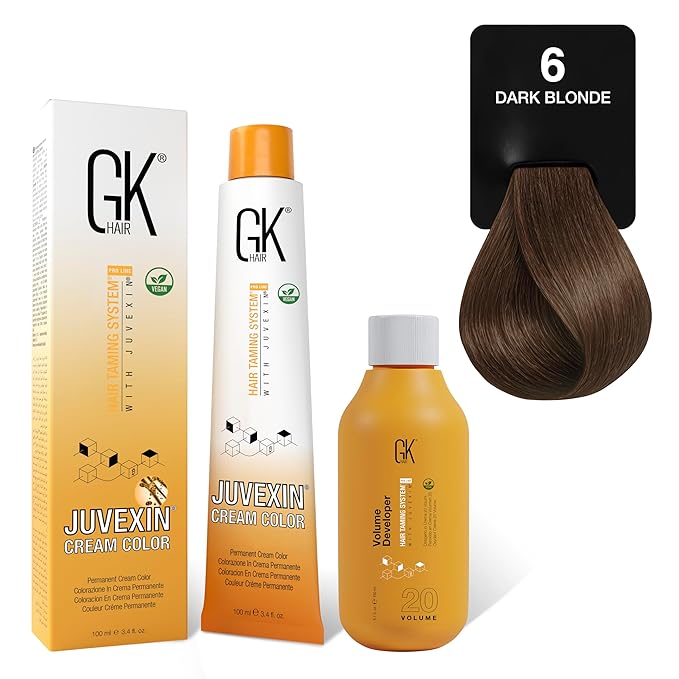 GK HAIR Global Keratin Natural 6 Dark Blonde Hair Color Cream Tube (3.4 Fl Oz/100ml) + 20 Volume Developer (5 Fl Oz/150ml) - Professional Permanent Long Lasting Toner Dye