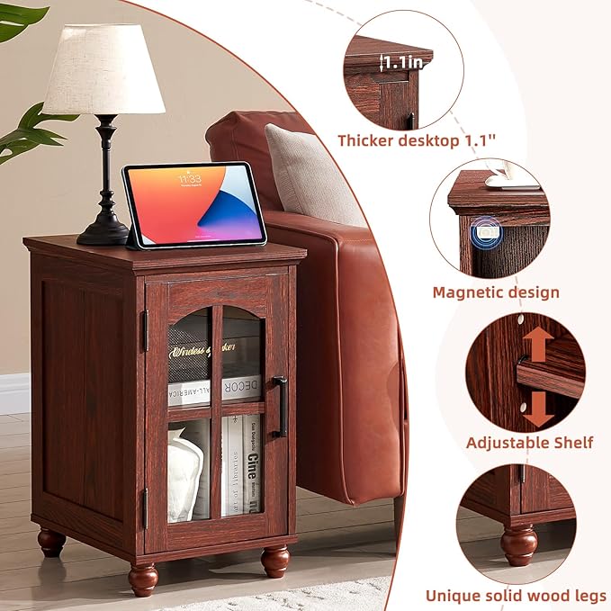 Narrow Side Table,Farmhouse Nightstand with Charging Station,Wood End Table with Glass Barn Door Storage, Cabinet Organizer with Adjustable Shelf, Night Stand for Small Spaces for Living Room Bedroom