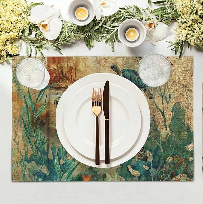 Sea Turtle Placemats Set of 4 Summer Beach Seasonal Linen Table Mats 12x18 Inch Vintage Ocean Animal Heat Resistant Washable Non-Slip Place Mats for Party Kitchen Dining Decoration