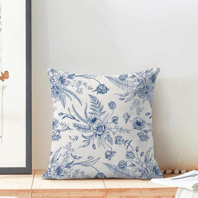 CXMEIFLY Spring Floral Leaves Pillow Covers 24 x 24 Inch Set of 2 for Chinoiserie Flowers Decor Throw Pillows Blue and White Seasonal Plant Outdoor Decorative Cushion Cases for Couch Bed Decorations