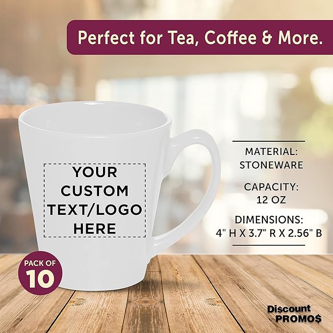 DISCOUNT PROMOS Custom Glossy Ceramic Latte Coffee Mug 12 oz. Set of 10, Personalized Bulk Pack - Perfect for Tea, Espresso, Cappuccino, Hot Cocoa - White