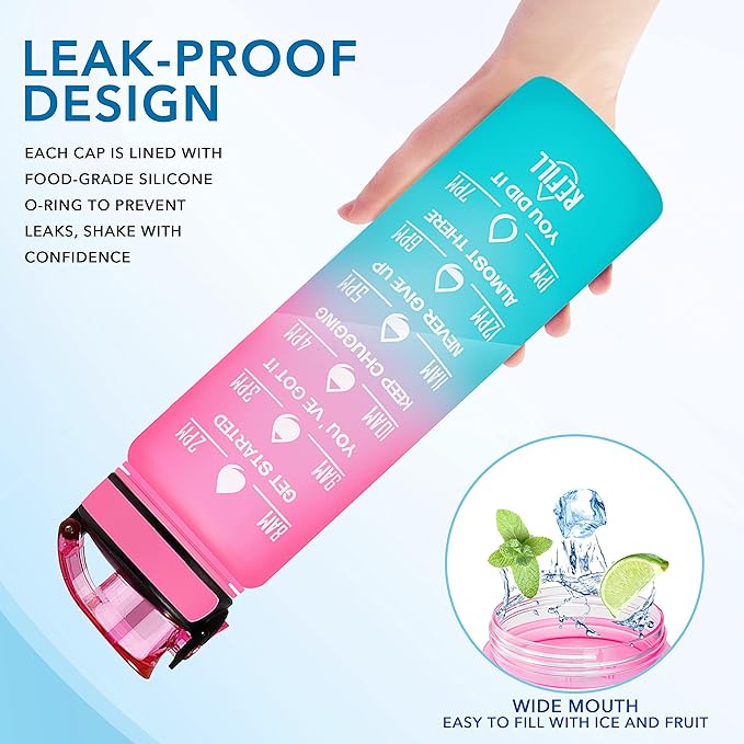 Enerbone Water Bottle, Leakproof BPA & Toxic Free, Motivational Water Bottle with Times to Drink and Straw, Fitness Sports Water Bottle with Strap for Office, Gym, Outdoor Sports