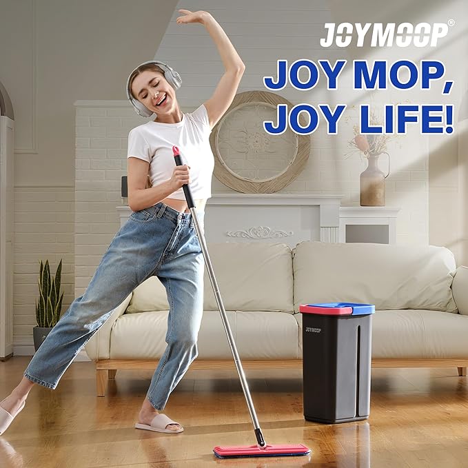 JOYMOOP Mop and Bucket with Wringer Set, Hands Free Flat Floor Mop and Bucket, with 4 Washable Microfiber Pads, Wet and Dry Use, Floor Cleaning System - Black+Red+Slate Blue