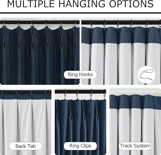Vision Home Navy Blue Pinch Pleated Full Blackout Curtains Linen Blended Room Darkening Curtain Panels 95 inch for Living Room Bedroom Thermal Insulated Pinch Pleat Drapes with Hooks 8FT 40" Wx95 Lx2
