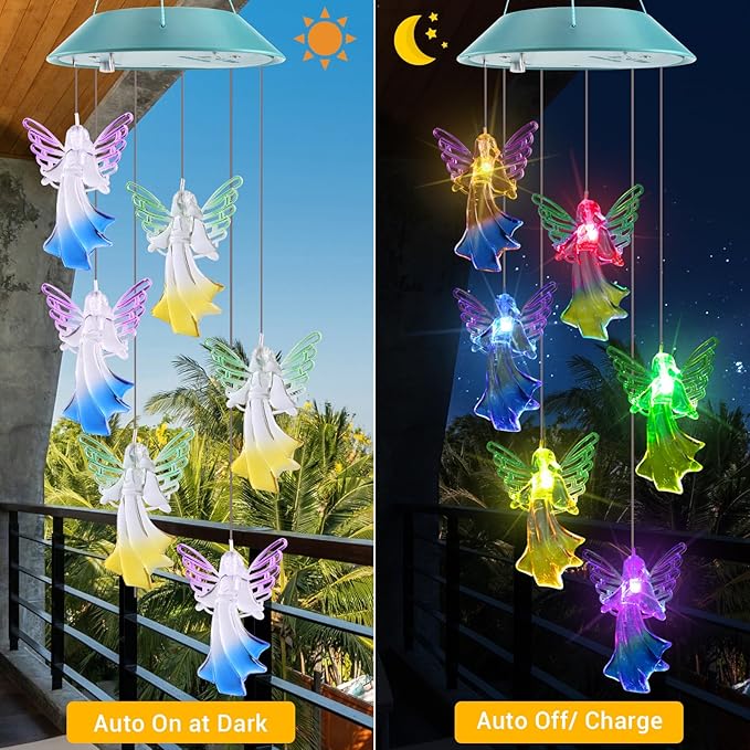 Toodour Solar Wind Chimes, Color Changing Angel Wind Chimes, LED Decorative Mobile, Gifts for Mom Grandma, Waterproof Outdoor Decorative Lights for Garden, Patio, Yard, Window Outdoor Decor