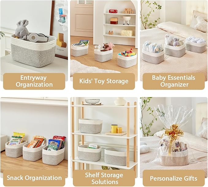 Small Cotton Rope Storage Basket Set of 3-11"x7"x7" Perfect Woven Baskets for Storage, Ideal Storage Baskets for Organizing Toys, Towels, and More - Baskets for Shelves（White & Mixed Grey）
