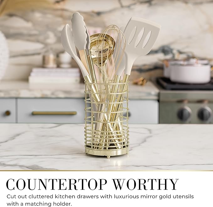 7-Piece Beige & Gold Kitchen Utensils Set – Non-Toxic Silicone & Stainless Steel Tools for Cooking, Serving, & Hosting – Ideal for Nonstick Cookware & Modern Kitchens, with Gold Utensil Holder