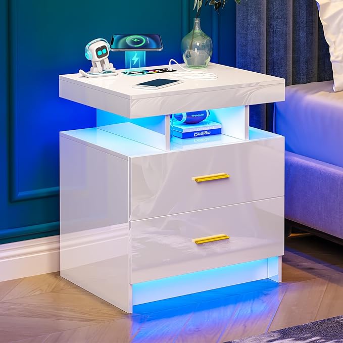 Night Stand with Light, High Gloss Nightstand with USB/Wireless Charging Station, LED White Nightstands with Storage Drawers, RGB Side End Table for Bedroom Furniture（White
