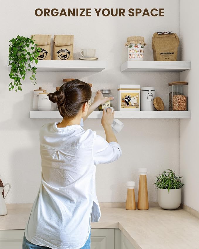 Marsmiles 16" Floating Shelves for Wall, Wooden Shelves with Invisible Brackets Set of 2, Rustic Farmhouse Wall Mounted Shelf for Kitchen Bathroom Living Room Study, White