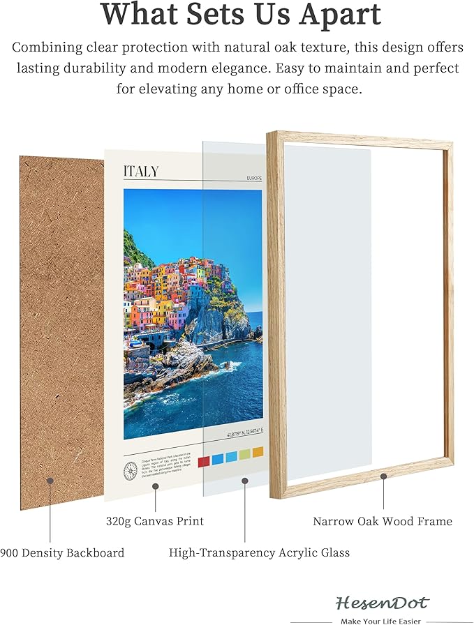 HesenDot Natural OAK Wood Framed Cinque Terre National Park Wall Art,12x16in Italian Natural Seascape Canvas Wall Print,Classic Urban Landmark Wall Decor for Living Room, Bedroom,Office Set of 1