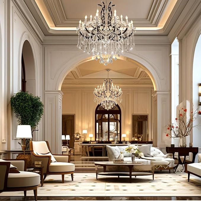 Large Black Crystal Chandelier Light Fixtures, 18 Lights Modern Crystal Chandeliers for Dining Room,Staircase Hallway Living Room Entryway,2 Layers 41'' Foyer Chandelier