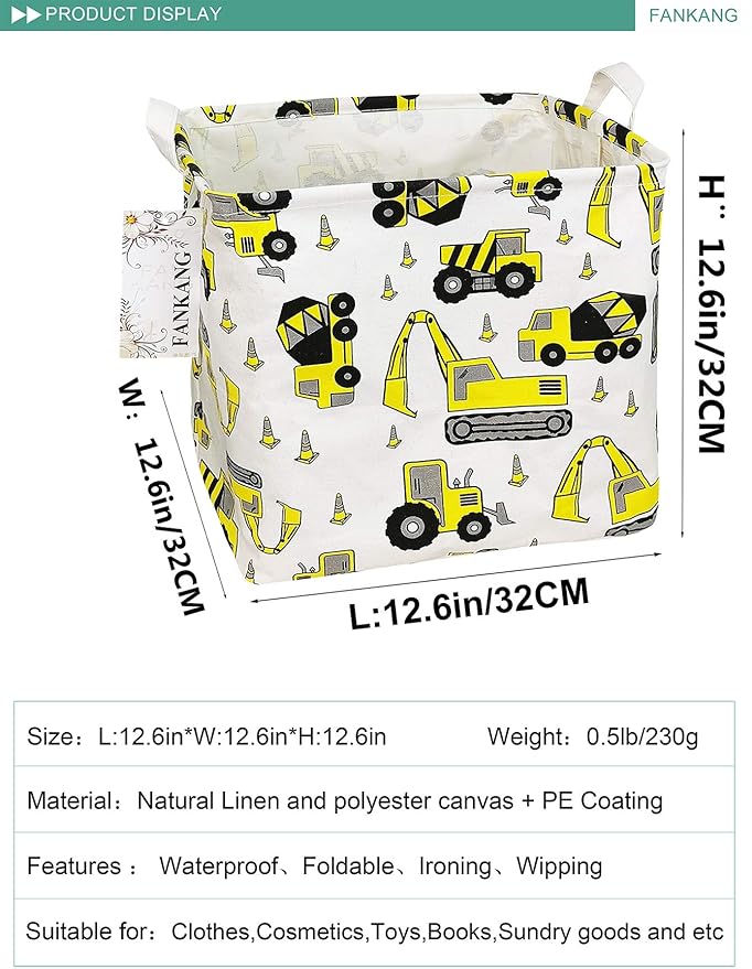 FANKANG Square Nursery Hamper Storage Bins Canvas Laundry Basket Foldable with Waterproof PE Coating Storage Baskets Gift Baskets for Children, Office, Bedroom, Clothes（Square-Engineering ）