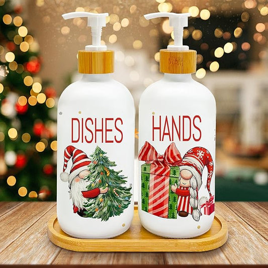 Hexagram Christmas Soap Dispenser Set of 2, Christmas Kitchen Decor, Xmas Gnomes Glass Soap Dispenser for Home Indoor Decorations, Xmas Refillable Lotion Essential Oil Dispensers with Pump