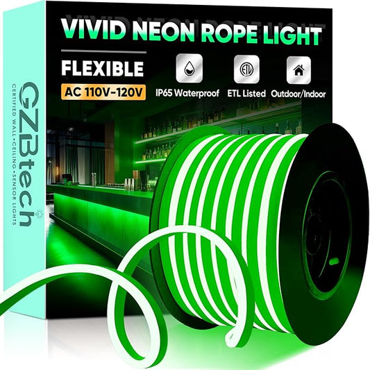 GZBtech Flexible LED Neon Rope Lights 66FT,AC 110-120V Waterproof Strip Light, 120 LEDs/M Cuttable Connectable Neon Lighting for Indoor Outdoor Home Decor/Commercial Building Use-Green 20M