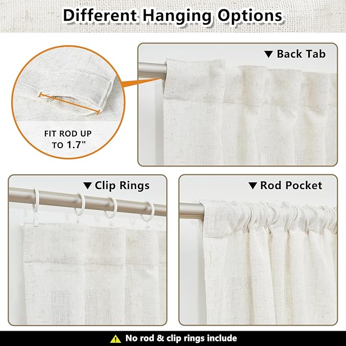 MYSKY HOME Kitchen Window Curtains Half Sheer Drapes 45 Inches Long, Boho Farmhouse Style Linen Polyester Blend Fabric, Decorative Texture for Bathroom/Closet/Cafe, 50" x 45", Linen, 2 Pieces