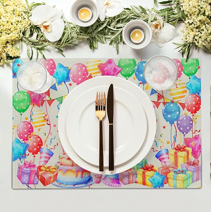 Happy Birthday Placemats Set of 4 Colorful Balloons Confetti Cake Linen Table Mats 12x18 Inch Birthday Party Place Mats for Kitchen Dining Outdoor Indoor Decorations