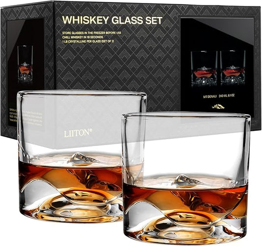 Denali Mountain Heavy Crystal Whiskey Glasses Gift Set of 2, Thick Freezable Bourbon Glass 1lb Each, Premium Whiskey Gifts for Men, Frozen Crystal Chills Cocktails, 10 oz