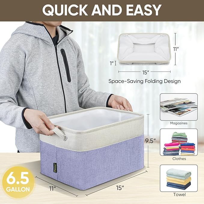 BALEINE 2 Pack Fabric Storage Bins for Shelves, Linen Storage Baskets for Organizing, Decorative Closet Bins for Clothes, Home (Lavender, 15''x11''x9.5'')