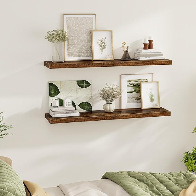 Floating Shelves Wall Shelf 48 Inch, 9.3 Inch Deep Floating Shelf, Farmhouse Black Wood Shelves Invisible Bracket for Living Room, Bedroom, Kitchen, 48 x 9.3 x 1.4 Inch, Set of 2, Rustic Brown