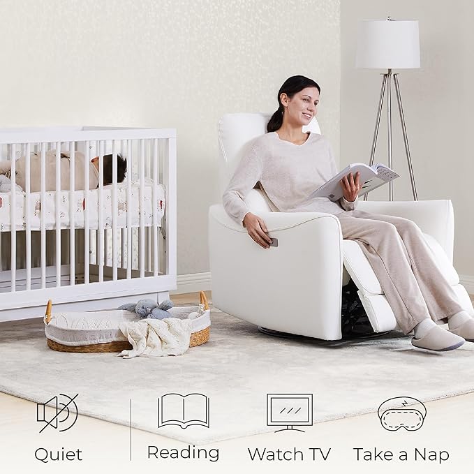 CHITA Power Recliner Chair Swivel Glider, FSC Certified Upholstered Faux Leather Living Room Nursery Reclining Sofa Chair with Lumbar Support, White